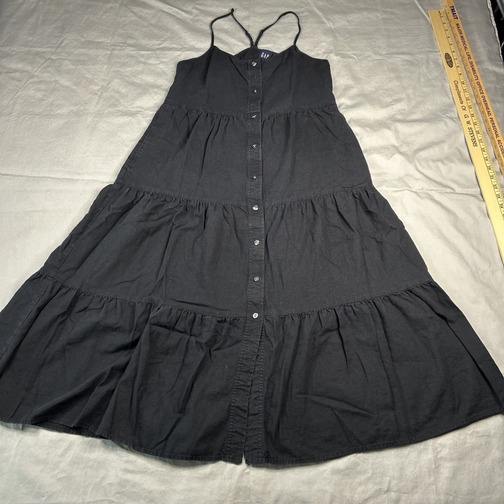 GAP Linen Blend Button Front Dress Black Sleeveless Summer Maxi Tiered Skirt Y2K
